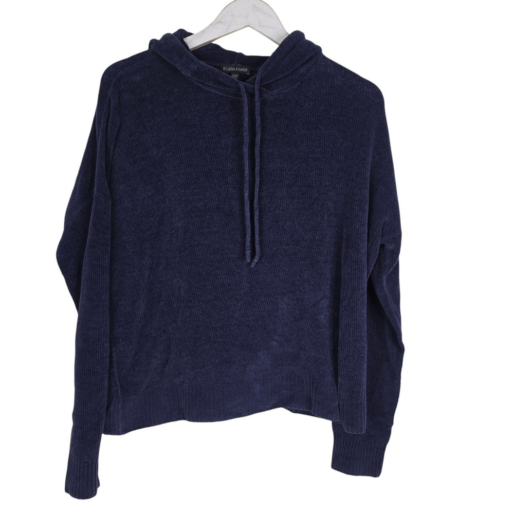EILEEN FISHER Sweater Womens Medium Blue Organic Cotton Hooded Pullover Italian